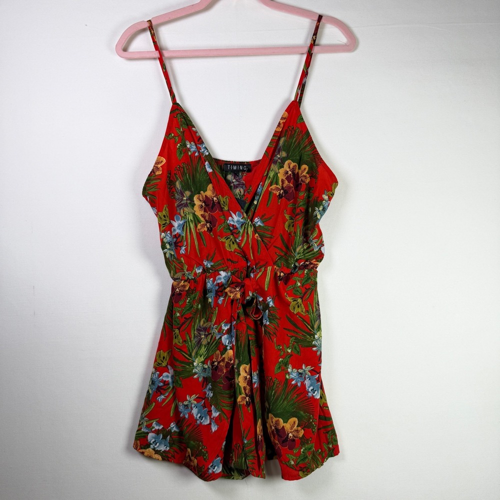 TIMING Red Tropical Floral V-Neck Sleeveless Romper L